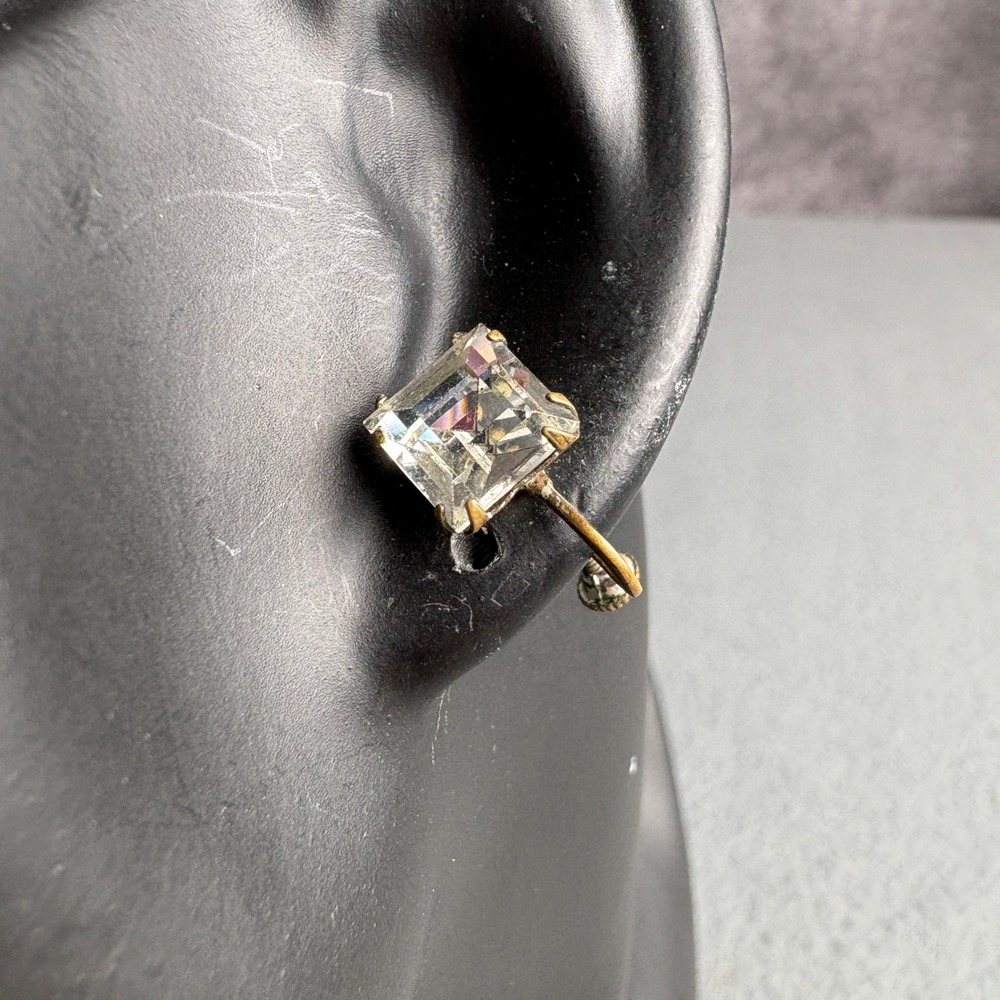 Vintage Screw Back Earrings Square Clear Rhinestone Brass Tone Mid Century